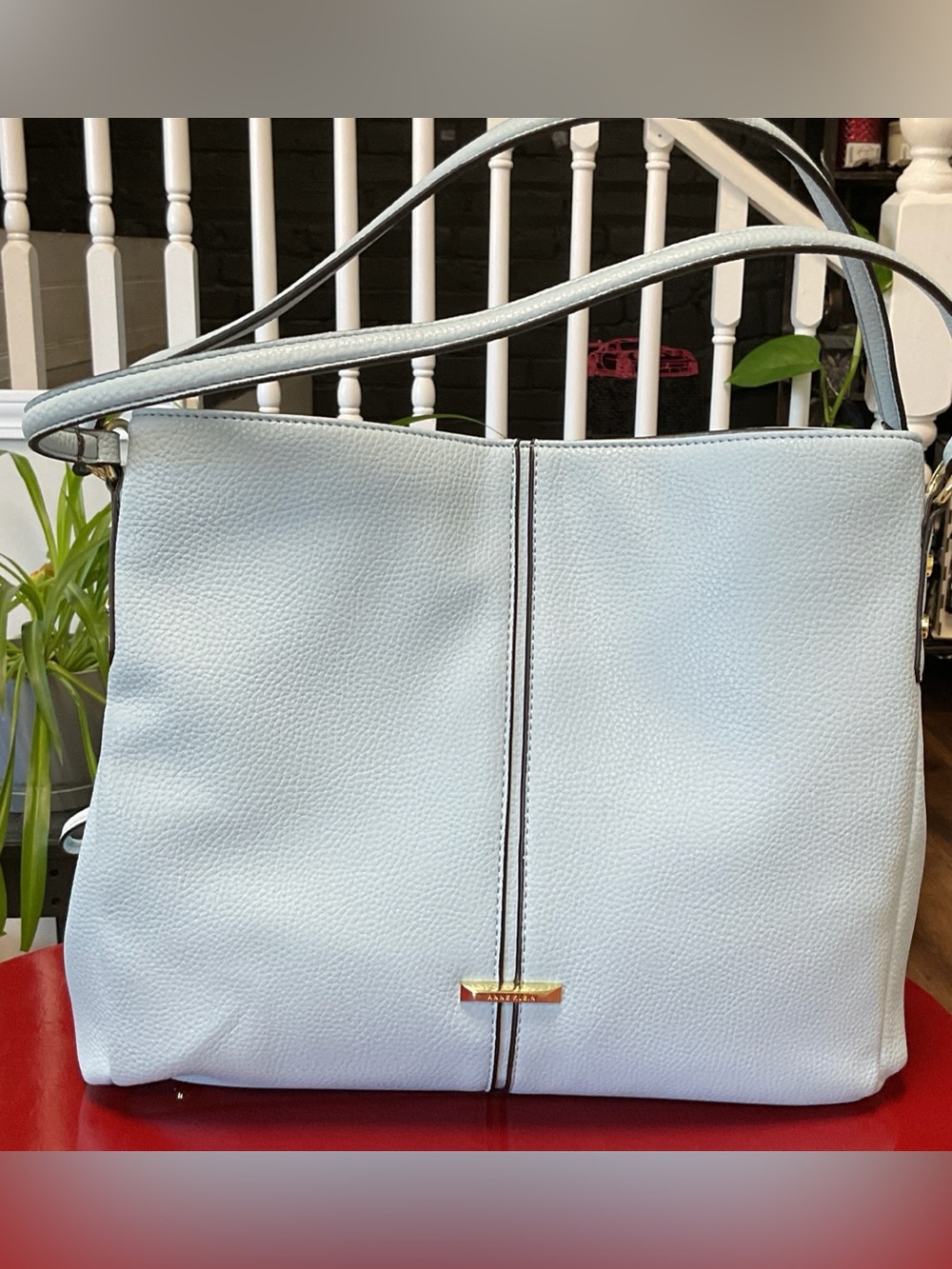 Anne Klein Light Blue Pebbled Leather Shoulder Bag